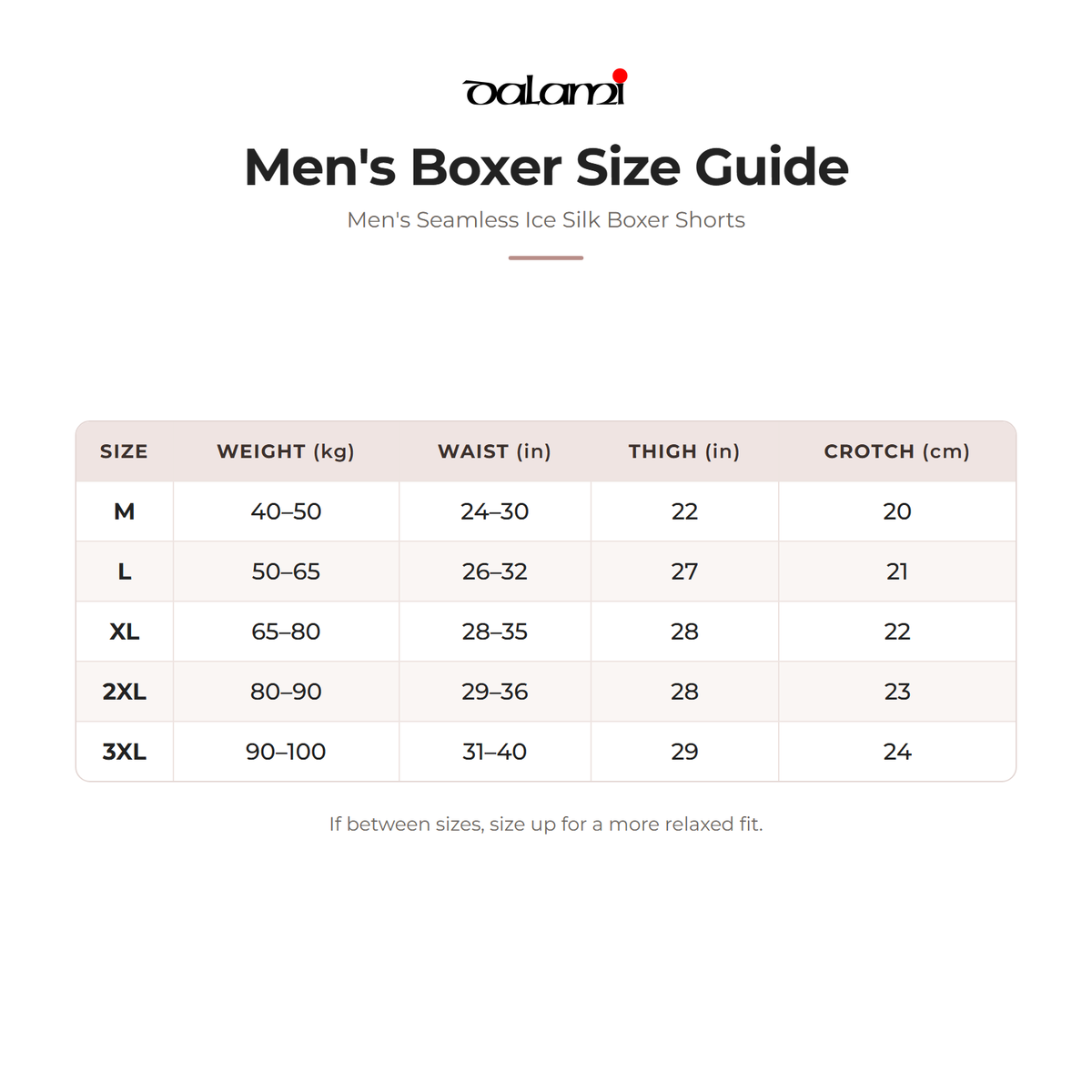 DALAMI Men's Seamless Ice Silk Boxer Shorts – size chart