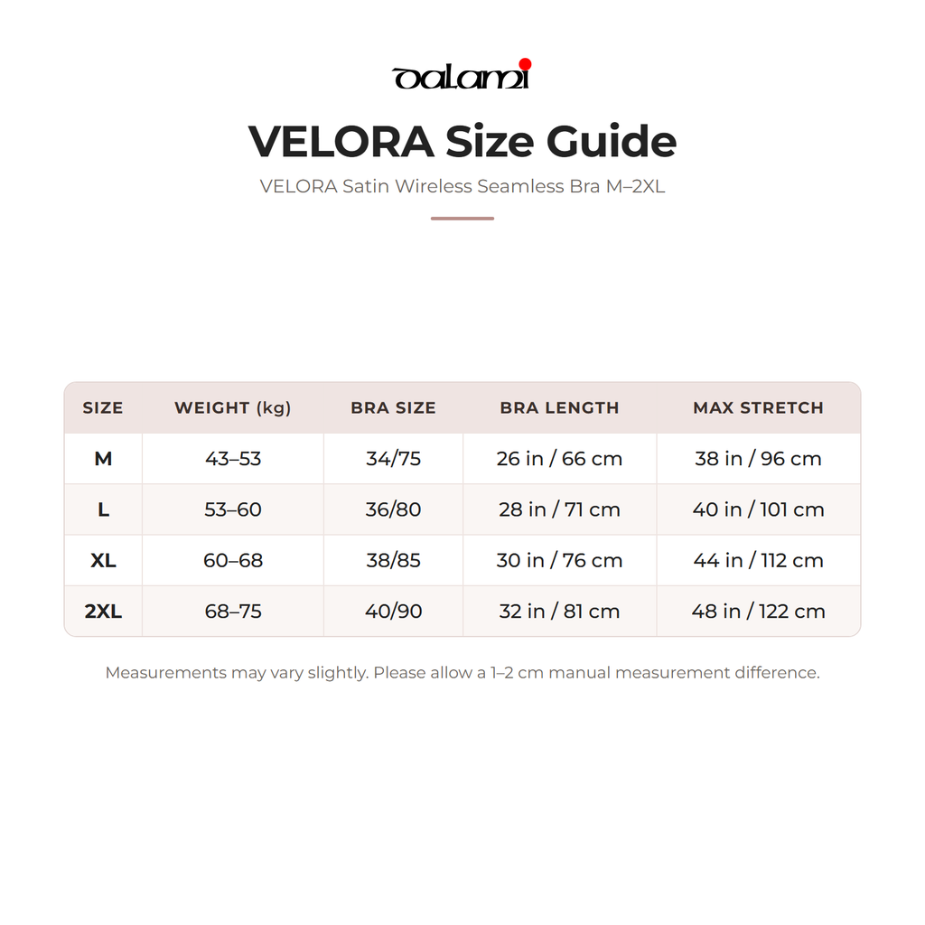 DALAMI VELORA Satin Wireless Seamless Bra M–2XL – size chart