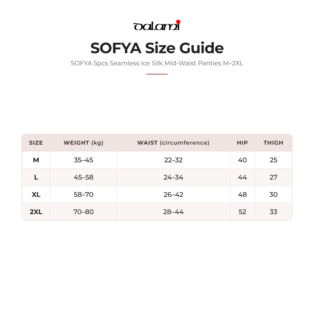 DALAMI SOFYA 5pcs Seamless Ice Silk Mid-Waist Panties M–2XL – size chart