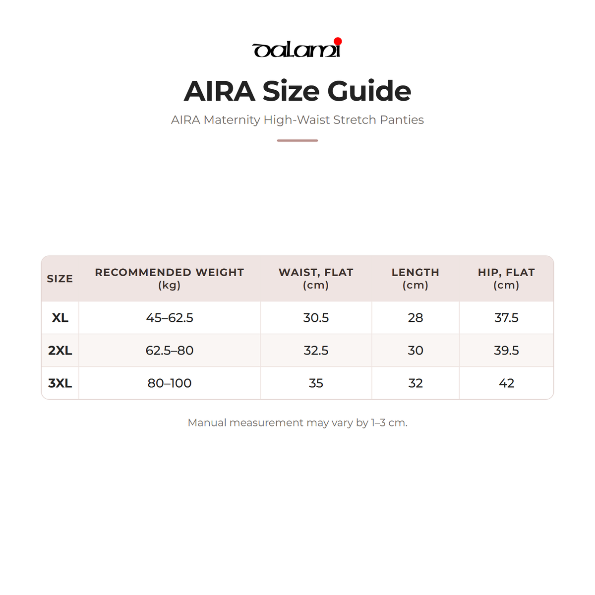DALAMI AIRA Maternity High-Waist Stretch Panties – size chart