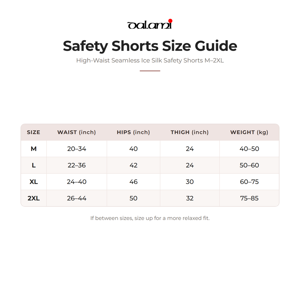 DALAMI High-Waist Seamless Ice Silk Safety Shorts M–2XL – size chart