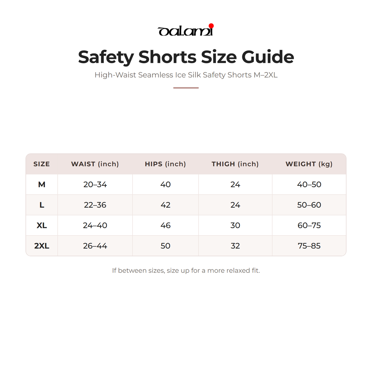 DALAMI High-Waist Seamless Ice Silk Safety Shorts M–2XL – size chart