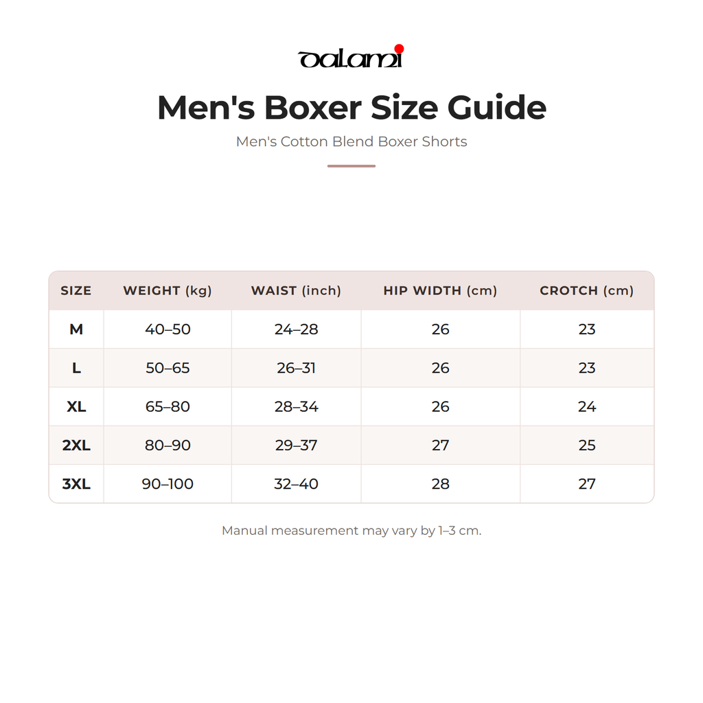 DALAMI Men's Cotton Blend Boxer Shorts – size chart