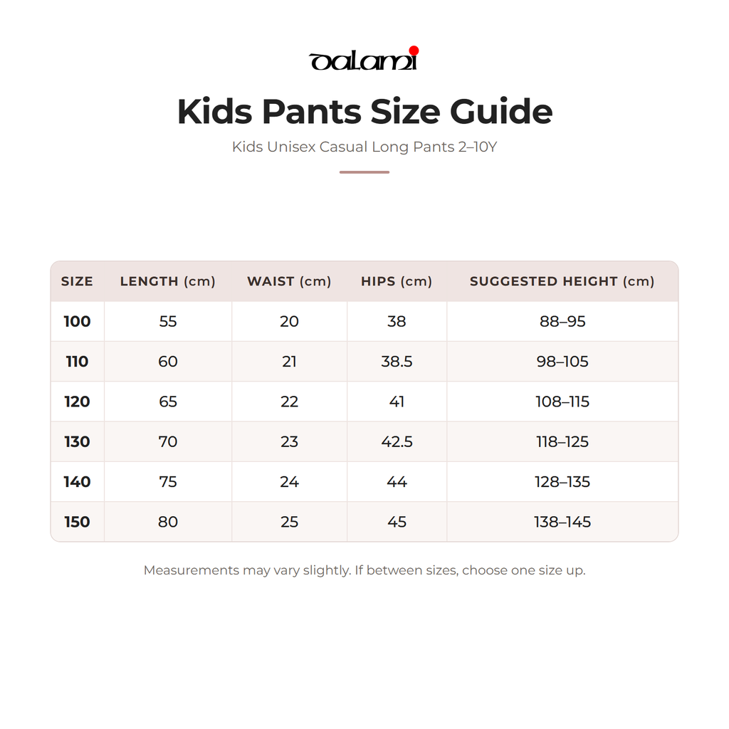 DALAMI Kids Unisex Casual Long Pants 2–10Y – size chart