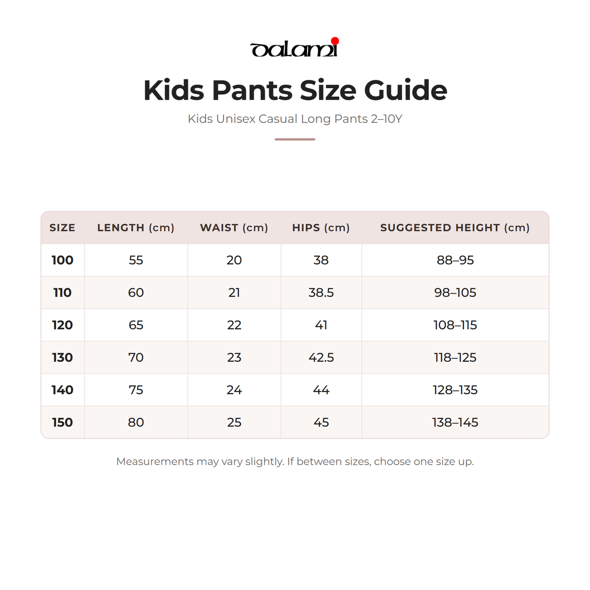 DALAMI Kids Unisex Casual Long Pants 2–10Y – size chart