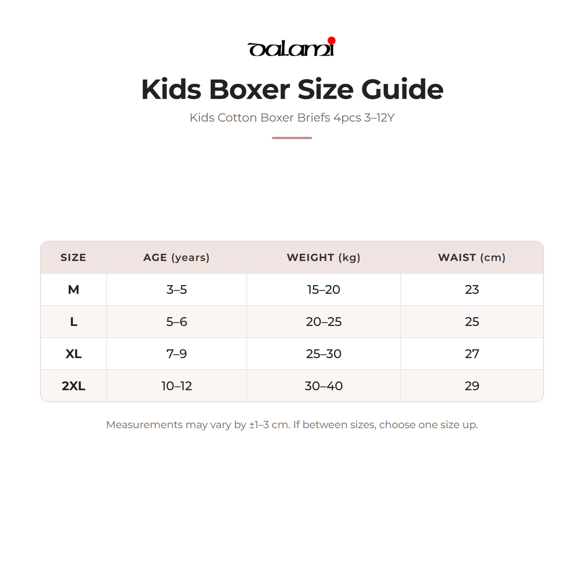 DALAMI Kids Cotton Boxer Briefs 4pcs 3–12Y – size chart
