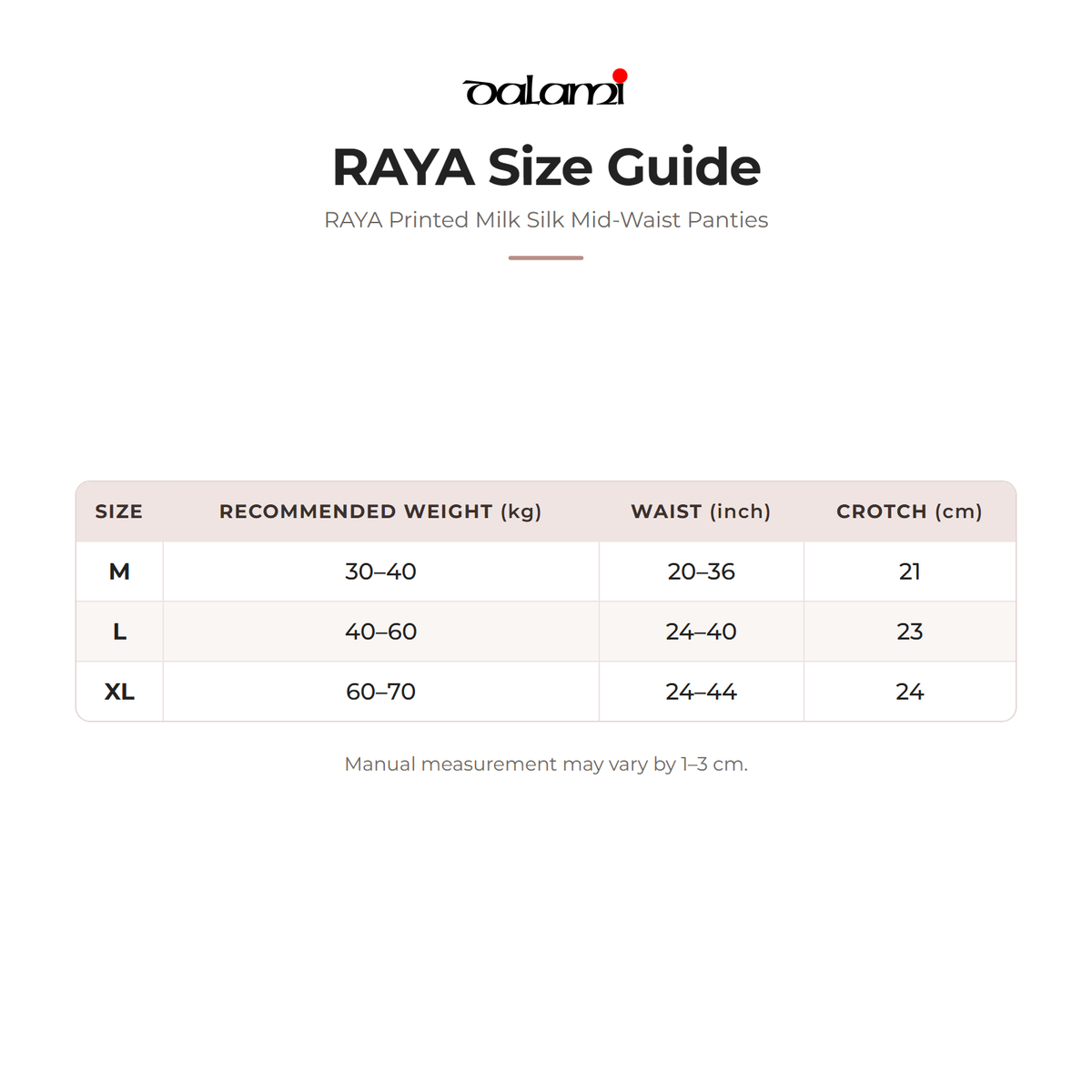 DALAMI RAYA Printed Milk Silk Mid-Waist Panties – size chart