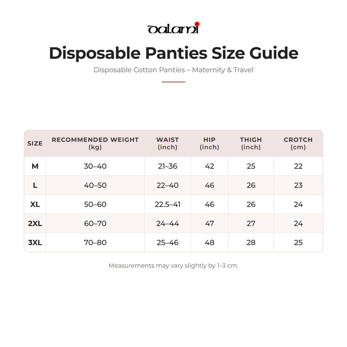 DALAMI Disposable Cotton Panties – Maternity & Travel – size chart